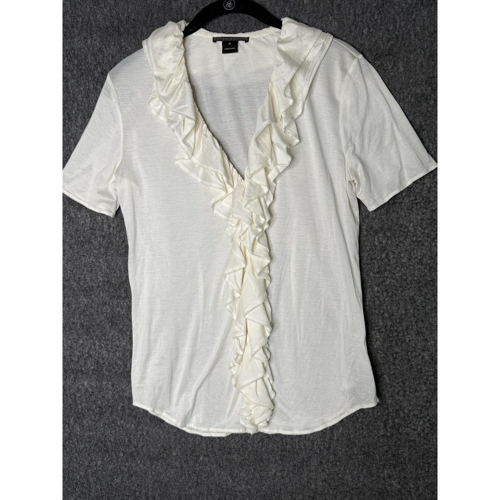 Ralph Lauren Black Label Blouse M White Ruffle V Neck Short Sleeve Jersey Top